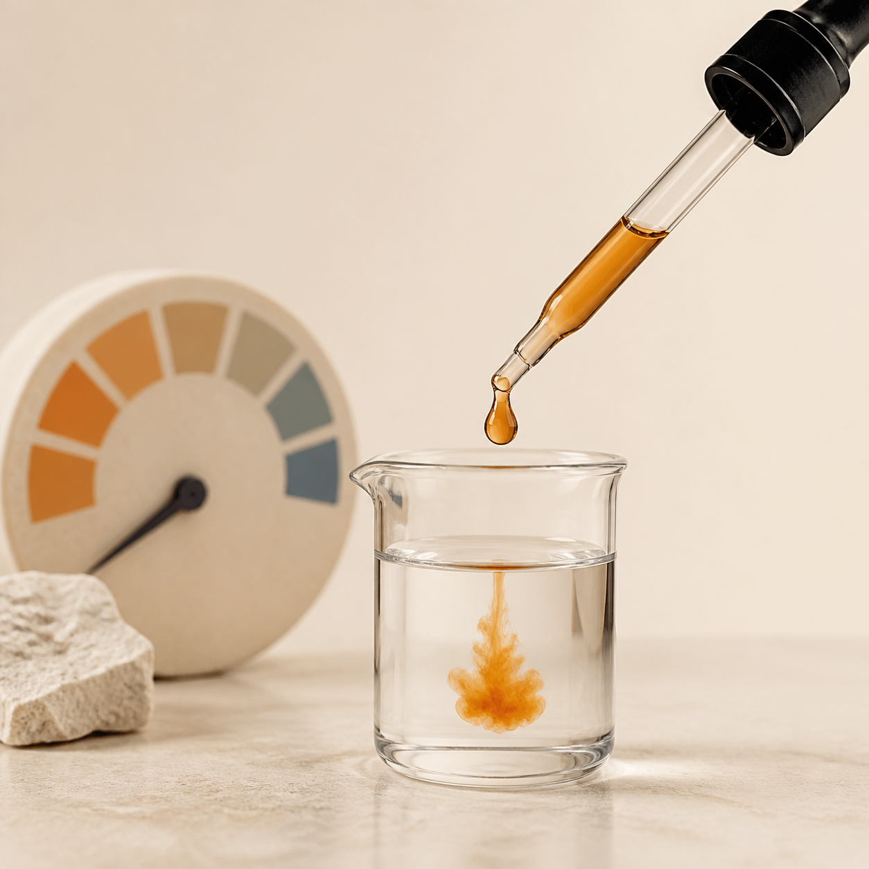 Laboratory dropper and beaker illustrating concentration and pH