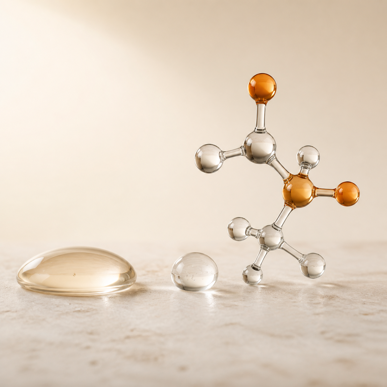 Glass molecular model and droplets illustrating molecular characteristics