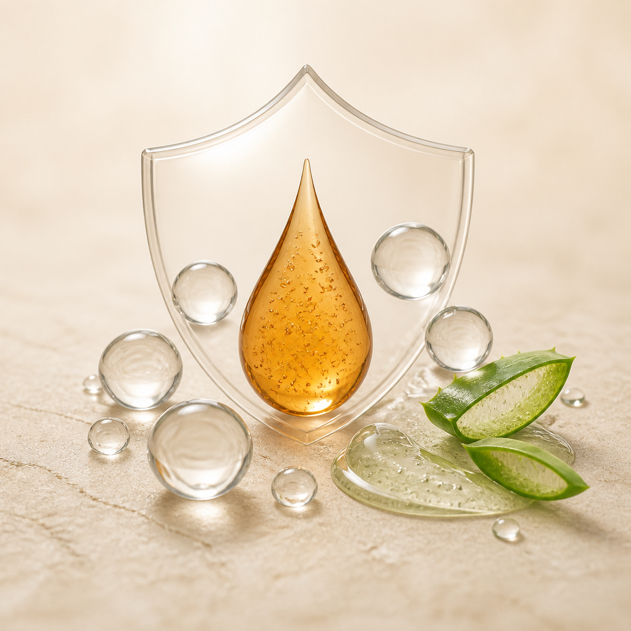 Hydration droplets and aloe protecting an active formulation