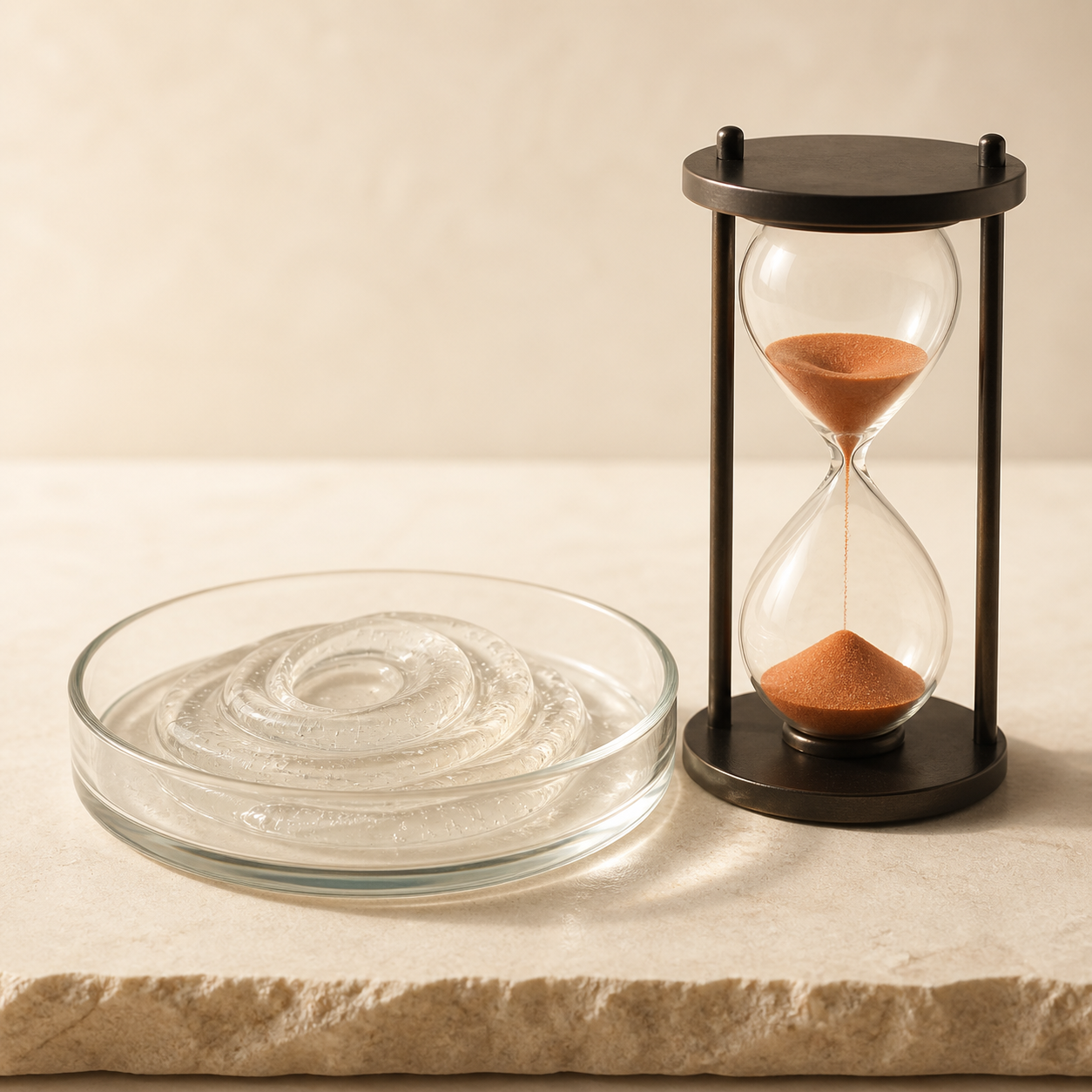 Clear gel and hourglass illustrating vehicle and exposure time